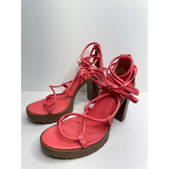 Michael Kors Platform Sandal Size 10 Coral Leather Ankle Wrap Open Toe Heels‎ - Picture 3 of 9